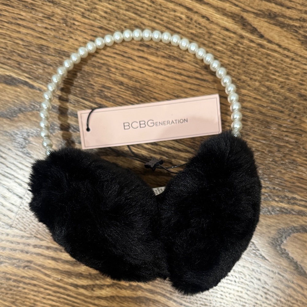 BCBGeneration Black Faux Fur Earmuffs with Pearl Headband